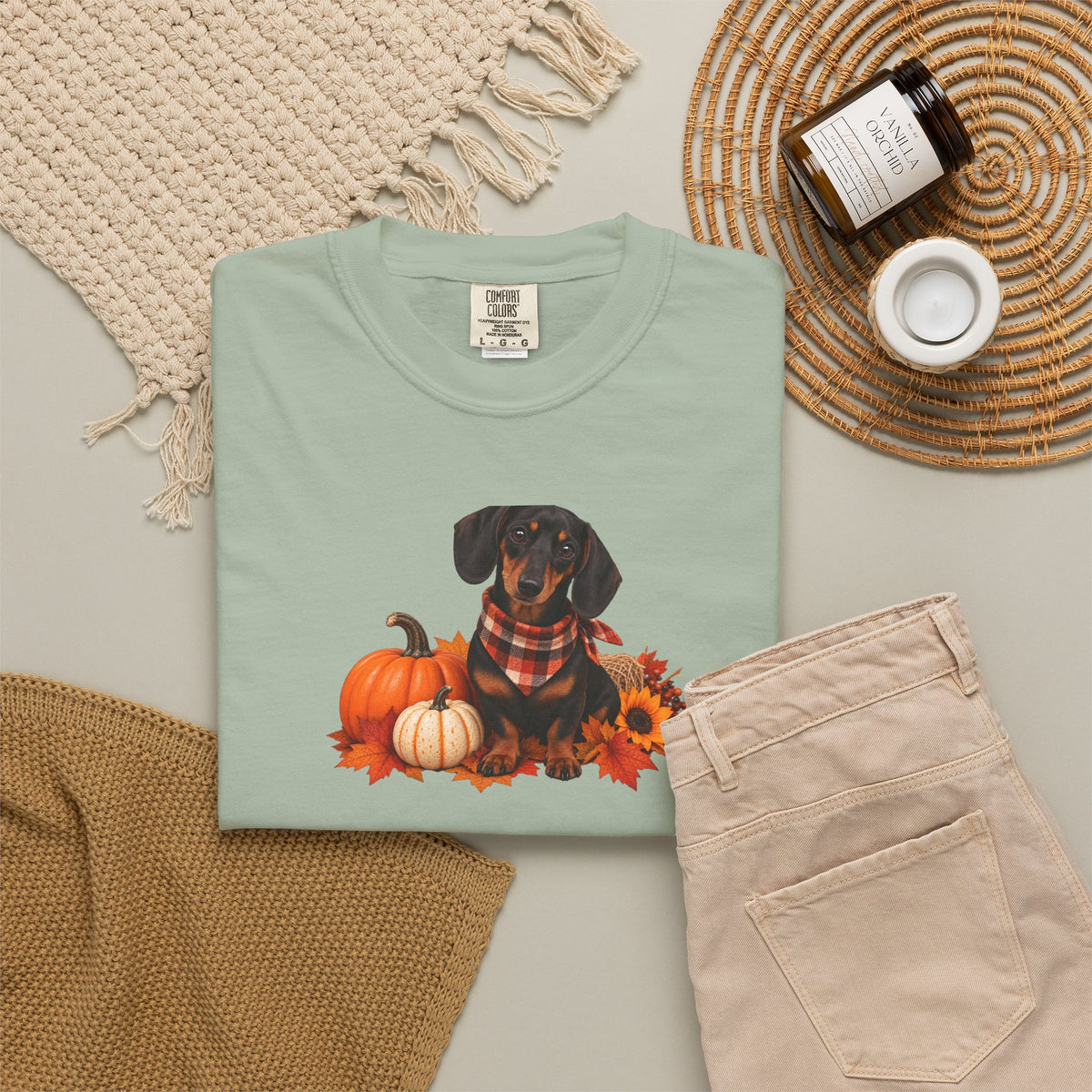 Dachshund Pumpkin Tee — Fall Dog Shirt with Pumpkins & Sunflower