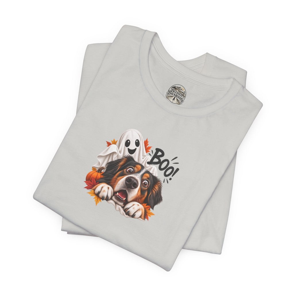 Halloween Dog Tee — "Boo!" Ghost Bernese Mountain Puppy T-Shirt