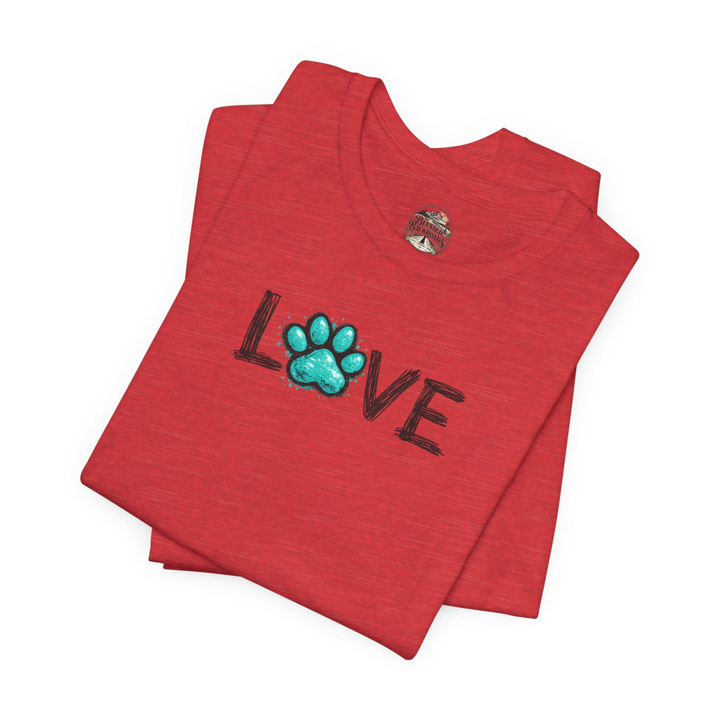 Love Paw Print T-Shirt — Teal Paw "LOVE" Graphic Tee for Dog Lovers