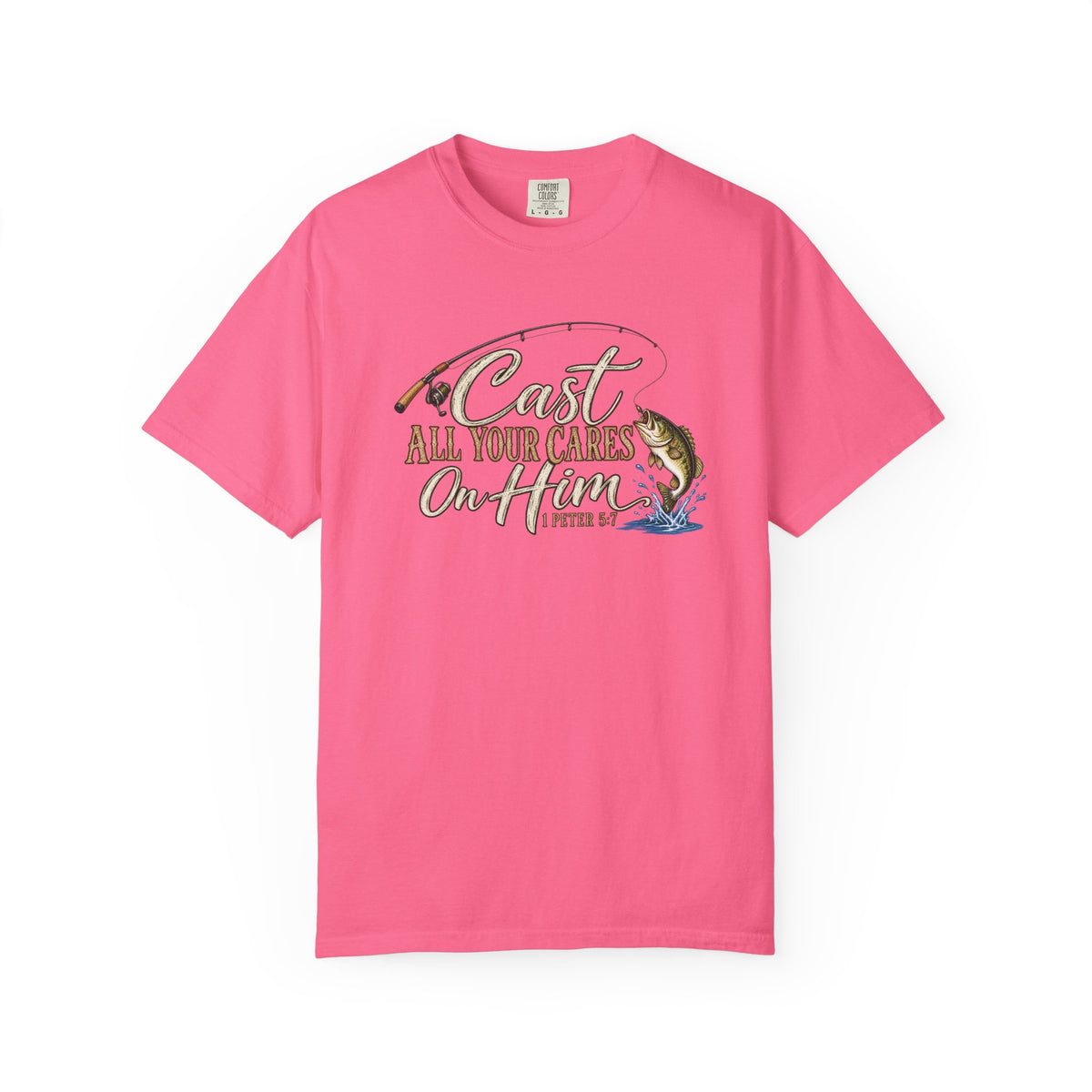 Fishing T-Shirt — “Cast All Your Cares On the Lord” Bass Graphic Tee