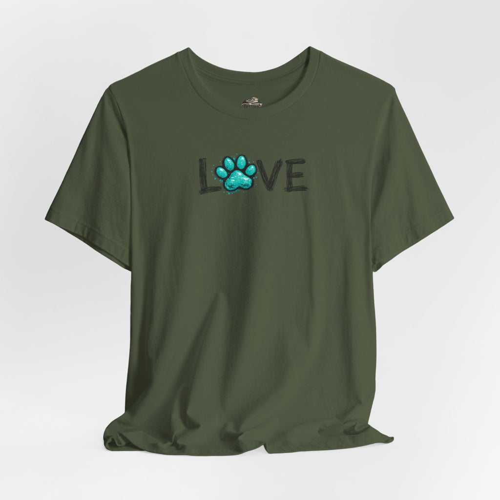 Love Paw Print T-Shirt — Teal Paw "LOVE" Graphic Tee for Dog Lovers