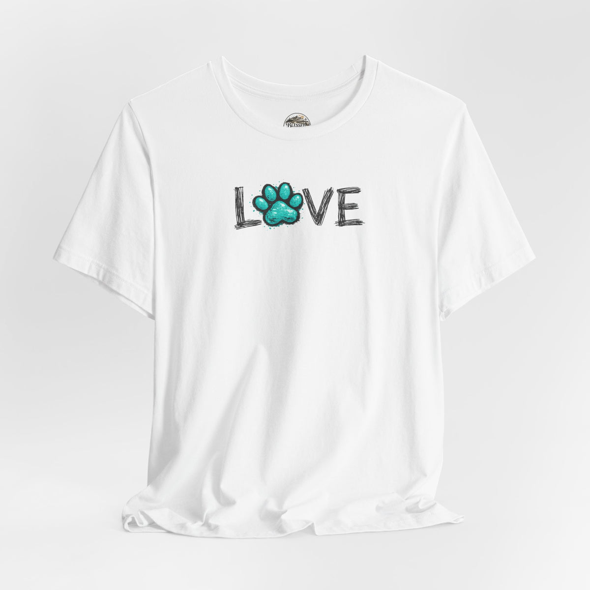 Love Paw Print T-Shirt — Teal Paw "LOVE" Graphic Tee for Dog Lovers