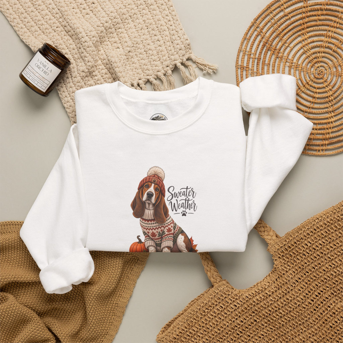 Basset Hound Fall Sweatshirt – 'Sweater Weather' Cozy Autumn Crewneck