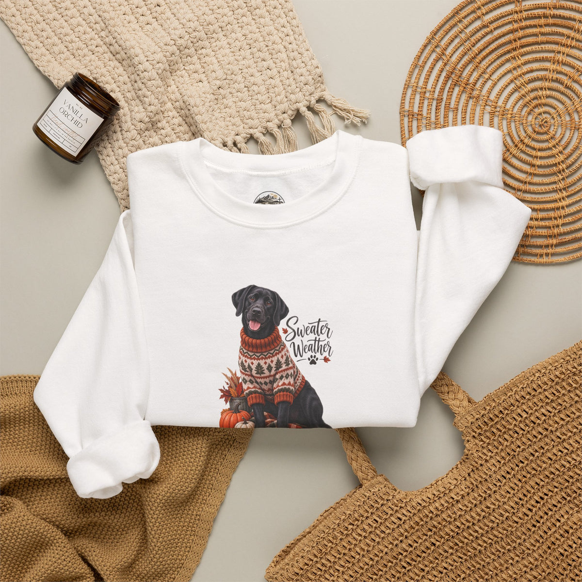 Crewneck Sweatshirt — Black Lab in Cozy Sweater "Sweater Weather" Autumn Design
