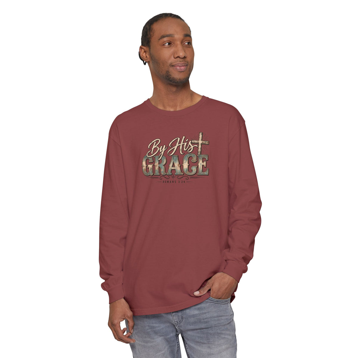 By His Grace Long Sleeve Shirt — Christian Faith Tee with Cross