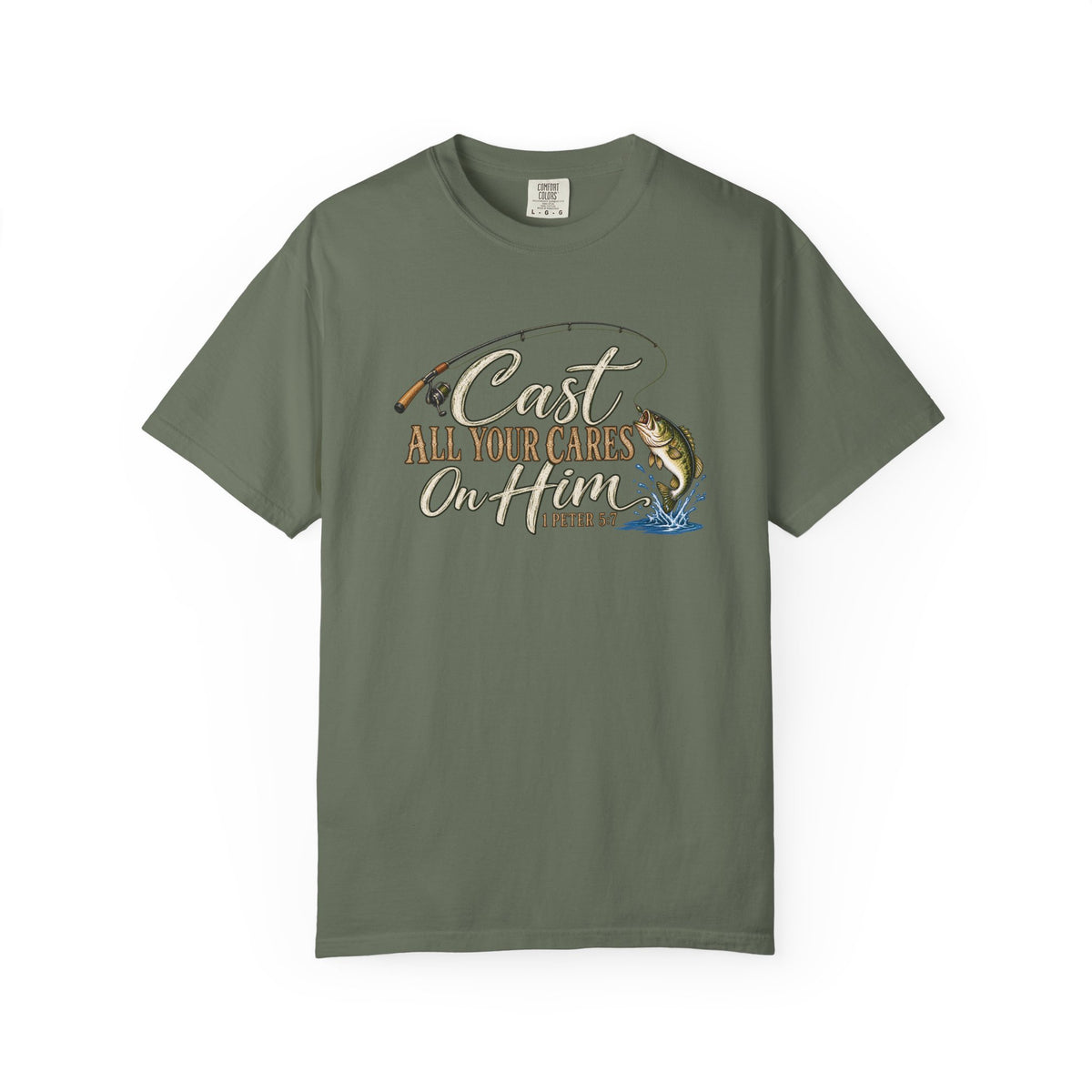 Fishing T-Shirt — “Cast All Your Cares On the Lord” Bass Graphic Tee