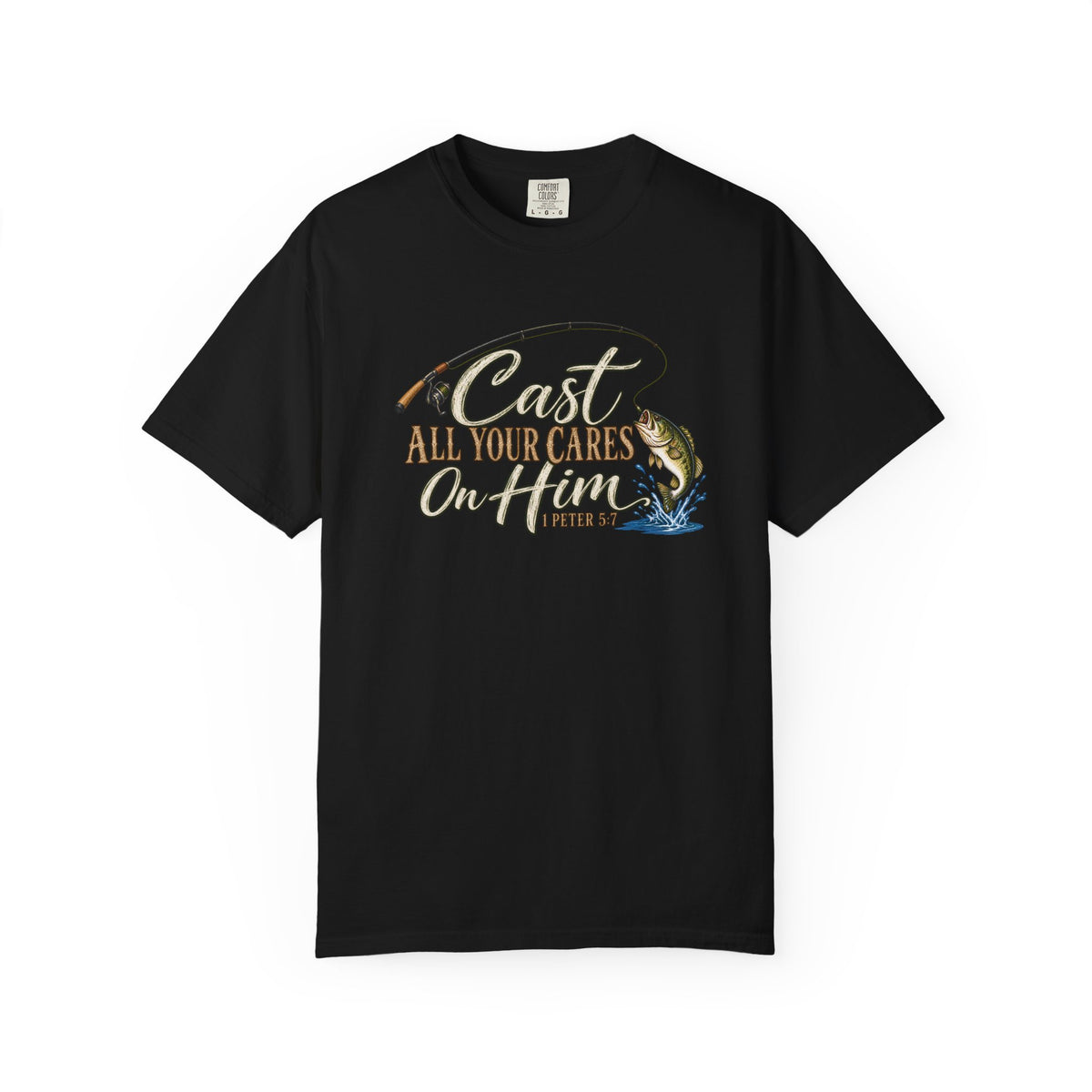 Fishing T-Shirt — “Cast All Your Cares On the Lord” Bass Graphic Tee