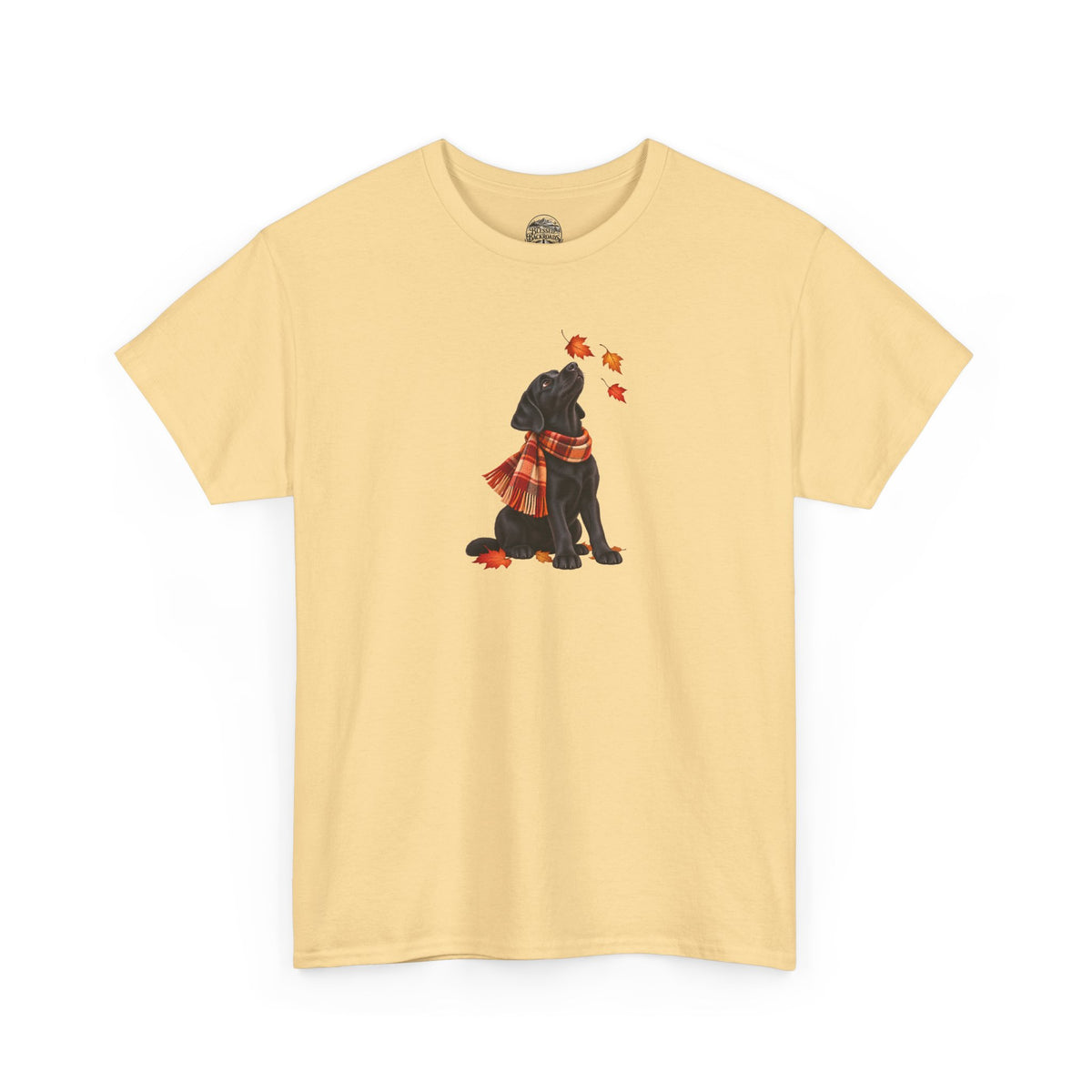 Autumn Black Lab Tee — Scarf-Wearing Labrador with Falling Leaves