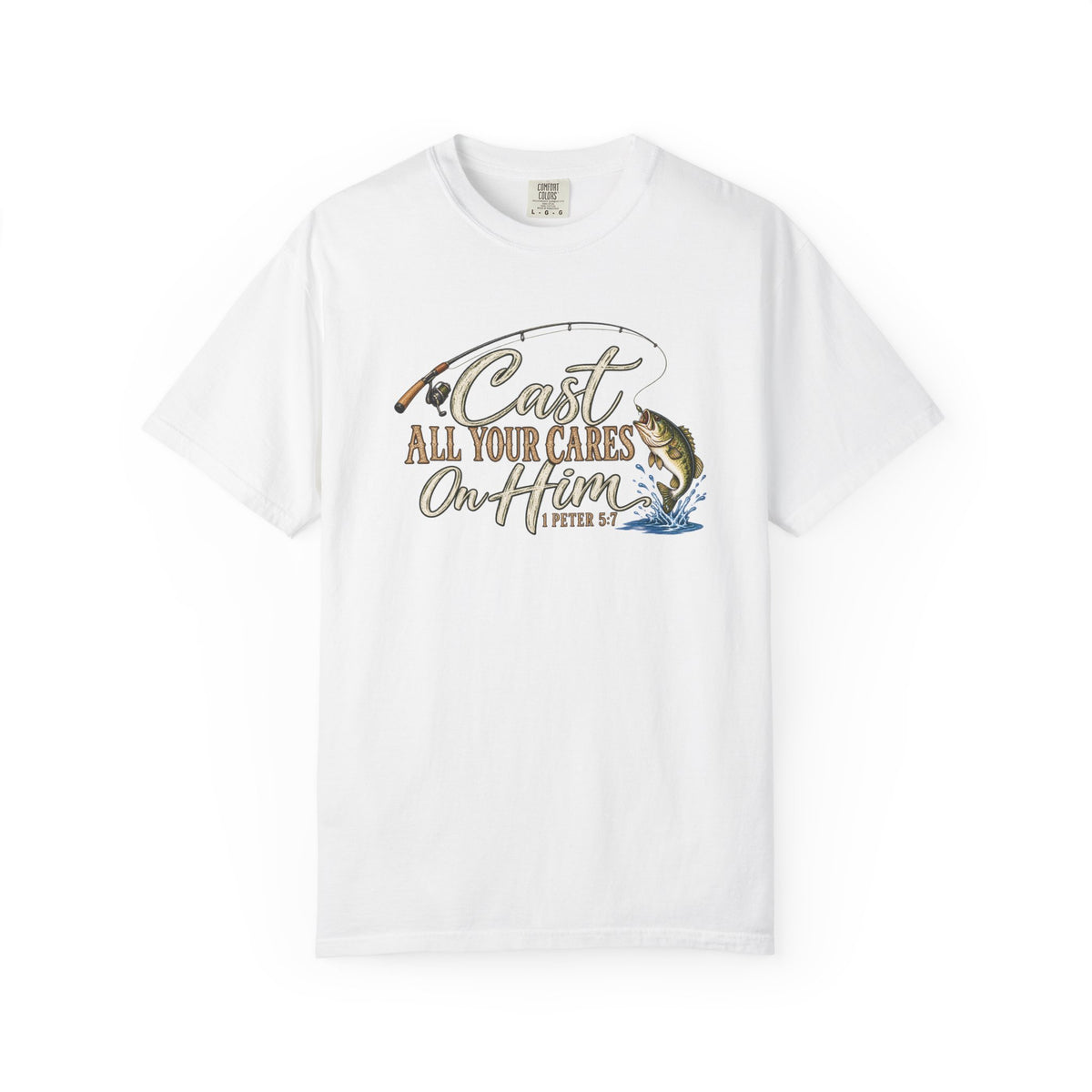 Fishing T-Shirt — “Cast All Your Cares On the Lord” Bass Graphic Tee