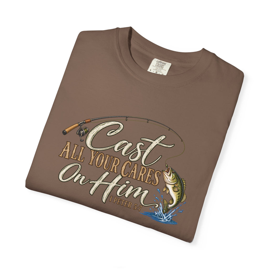 Fishing T-Shirt — “Cast All Your Cares On the Lord” Bass Graphic Tee