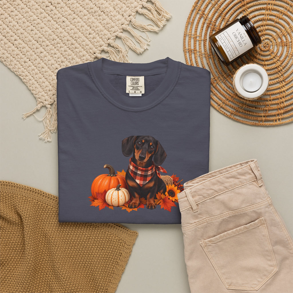 Dachshund Pumpkin Tee — Fall Dog Shirt with Pumpkins & Sunflower