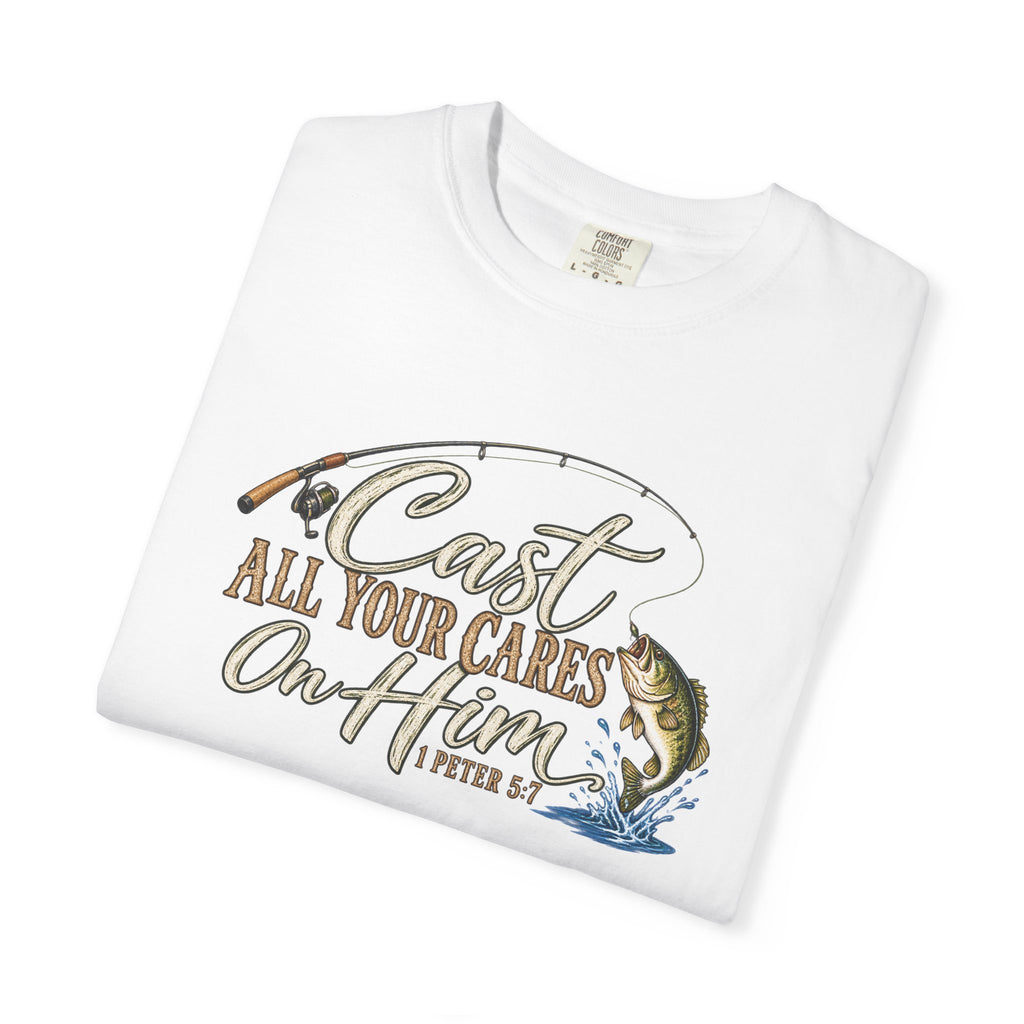 Fishing T-Shirt — “Cast All Your Cares On the Lord” Bass Graphic Tee