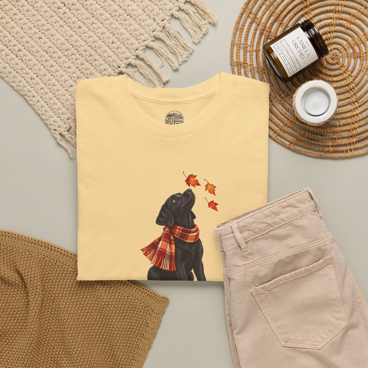 Autumn Black Lab Tee — Scarf-Wearing Labrador with Falling Leaves