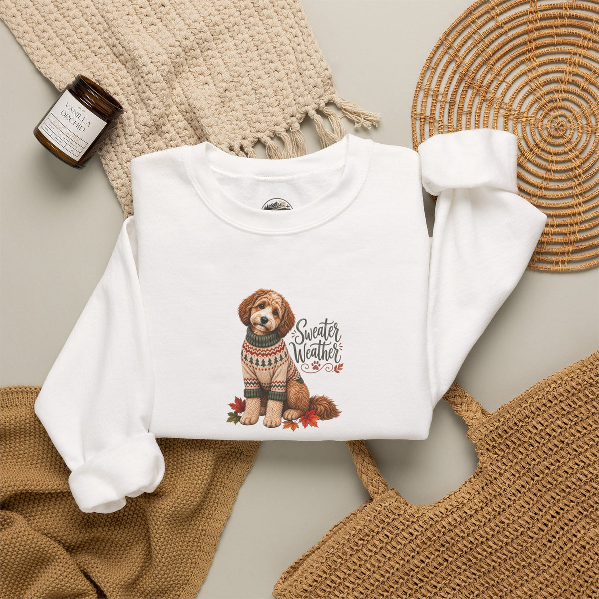 Dog in Sweater Crewneck Sweatshirt — "Sweater Weather" Cozy Fall Pullover