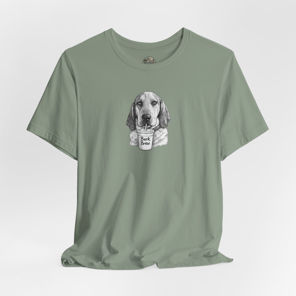 Dog Lover T‑Shirt —Hound Drinking 'Bark Brew' Graphic Tee