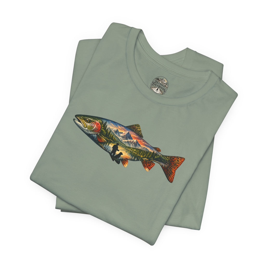 Trout Landscape Graphic Tee — Nature Fisherman T-Shirt