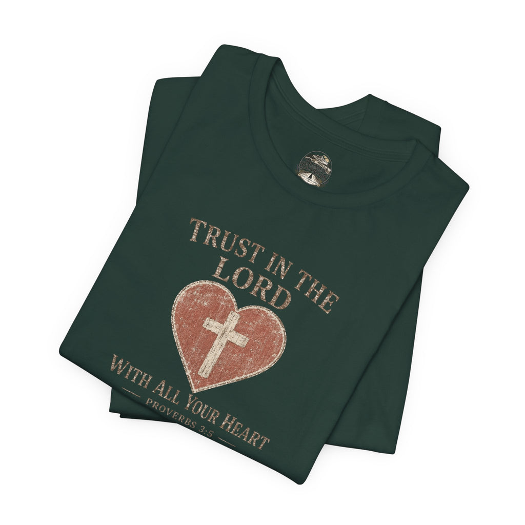 Trust in the Lord Tee — Heart & Cross Proverbs 3:5 Christian T‑Shirt