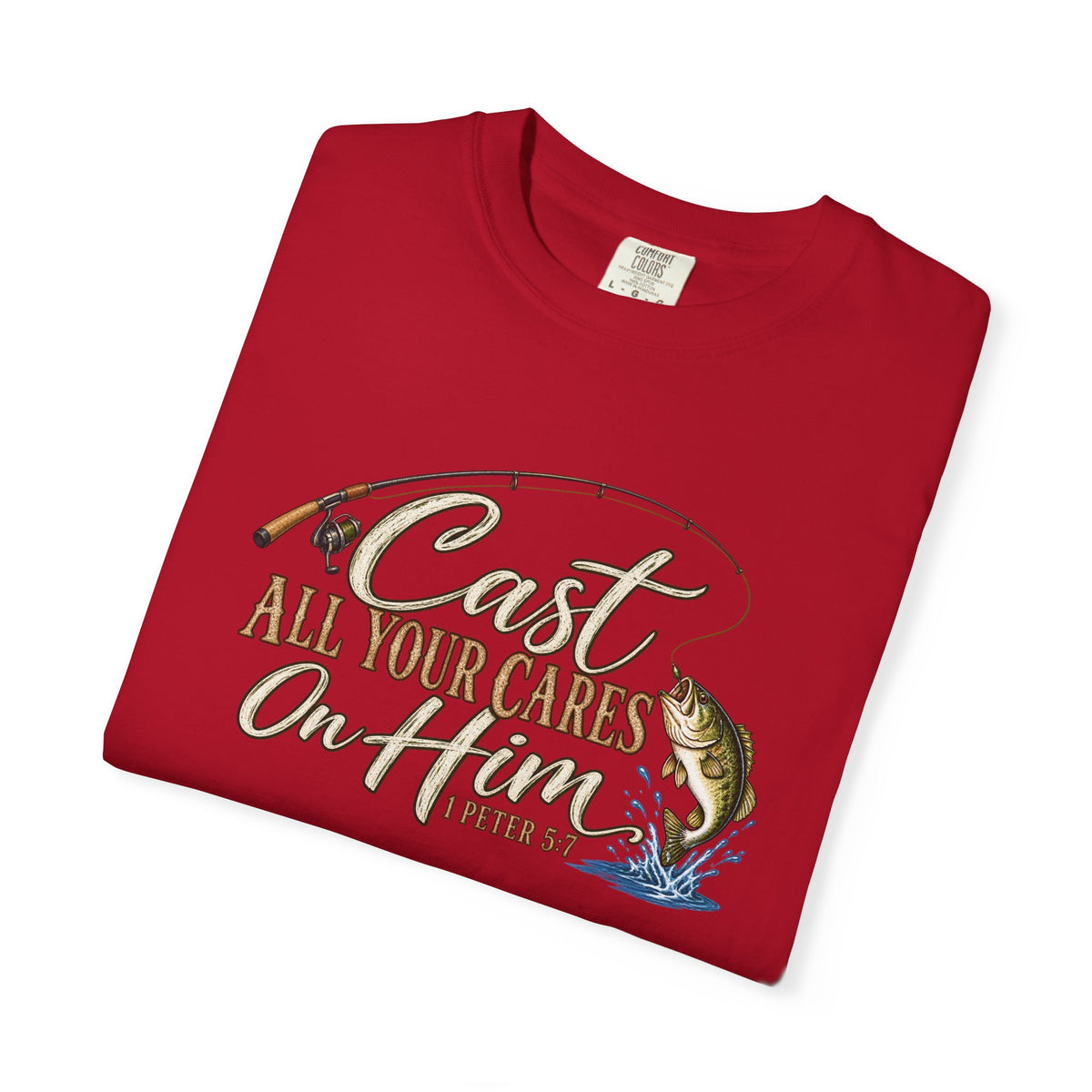 Fishing T-Shirt — “Cast All Your Cares On the Lord” Bass Graphic Tee