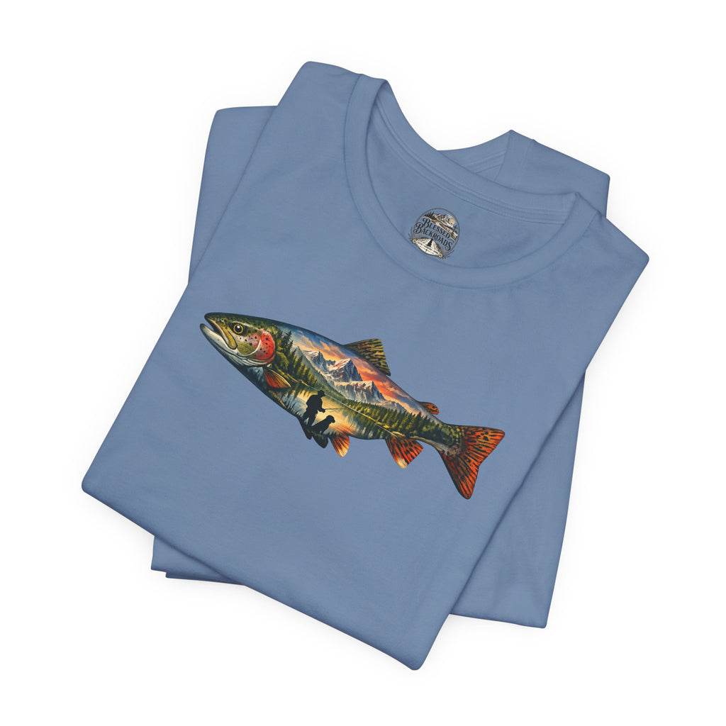 Trout Landscape Graphic Tee — Nature Fisherman T-Shirt
