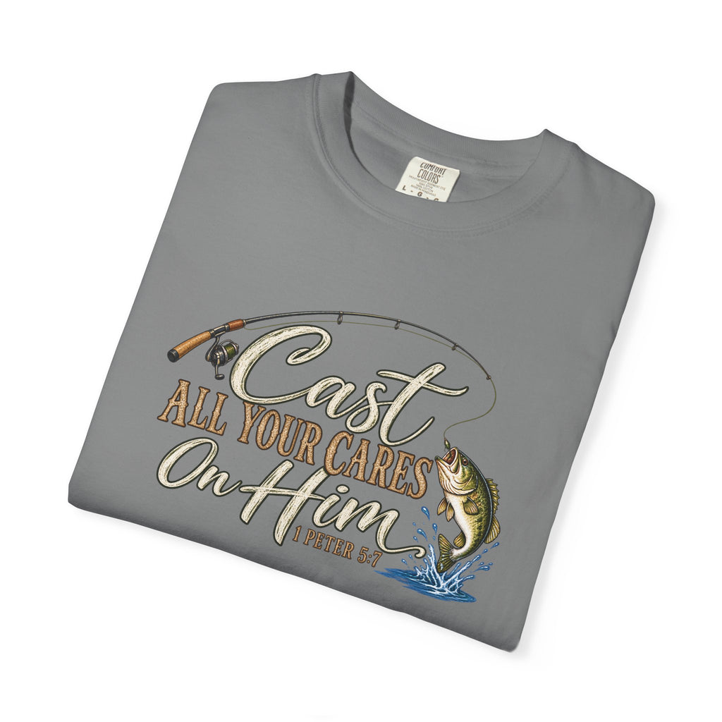 Fishing T-Shirt — “Cast All Your Cares On the Lord” Bass Graphic Tee