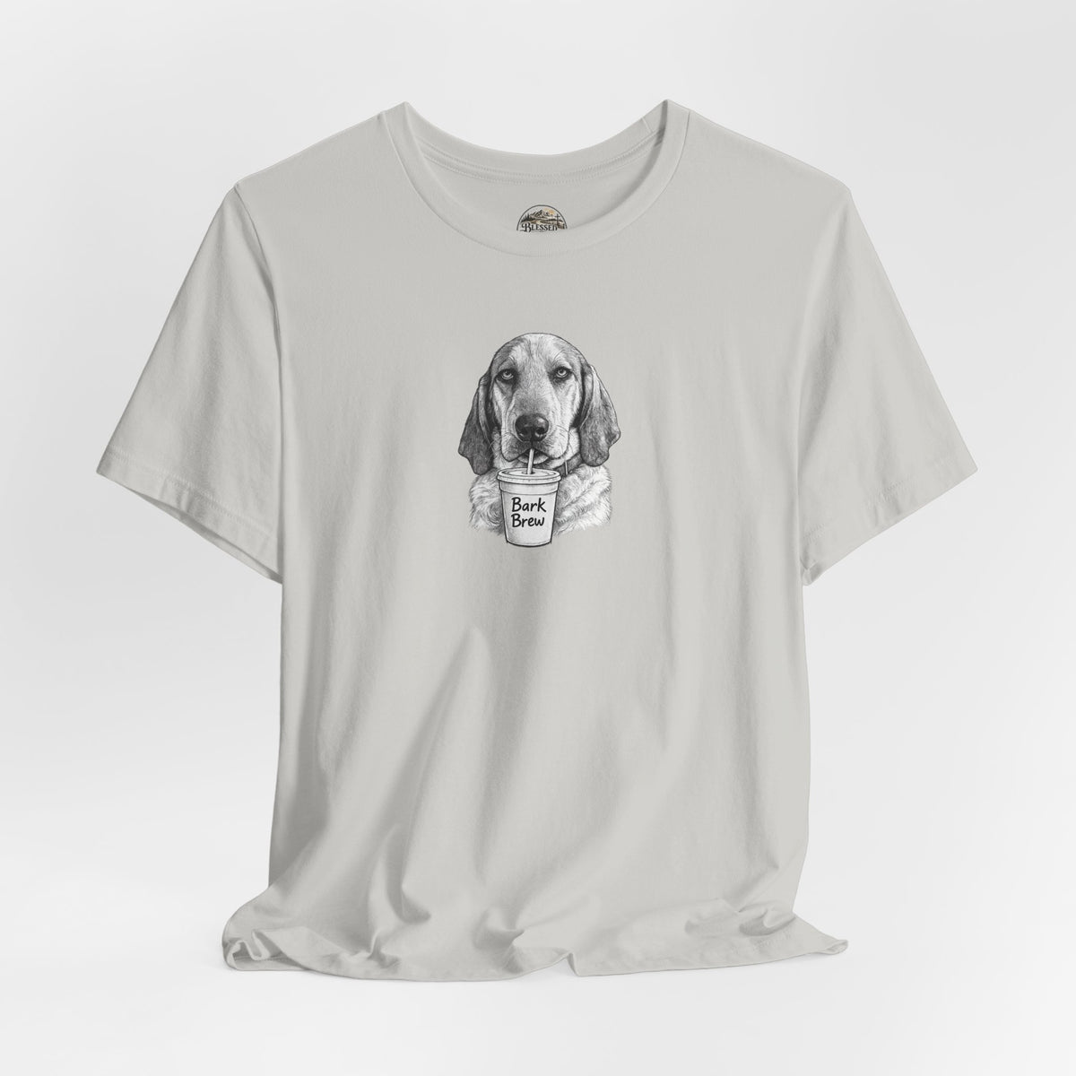 Dog Lover T‑Shirt —Hound Drinking 'Bark Brew' Graphic Tee