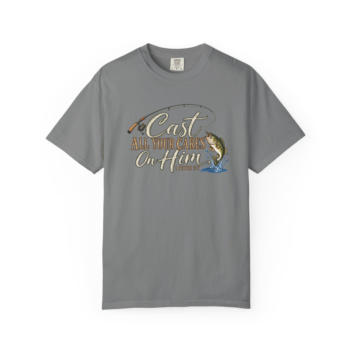 Fishing T-Shirt — “Cast All Your Cares On the Lord” Bass Graphic Tee