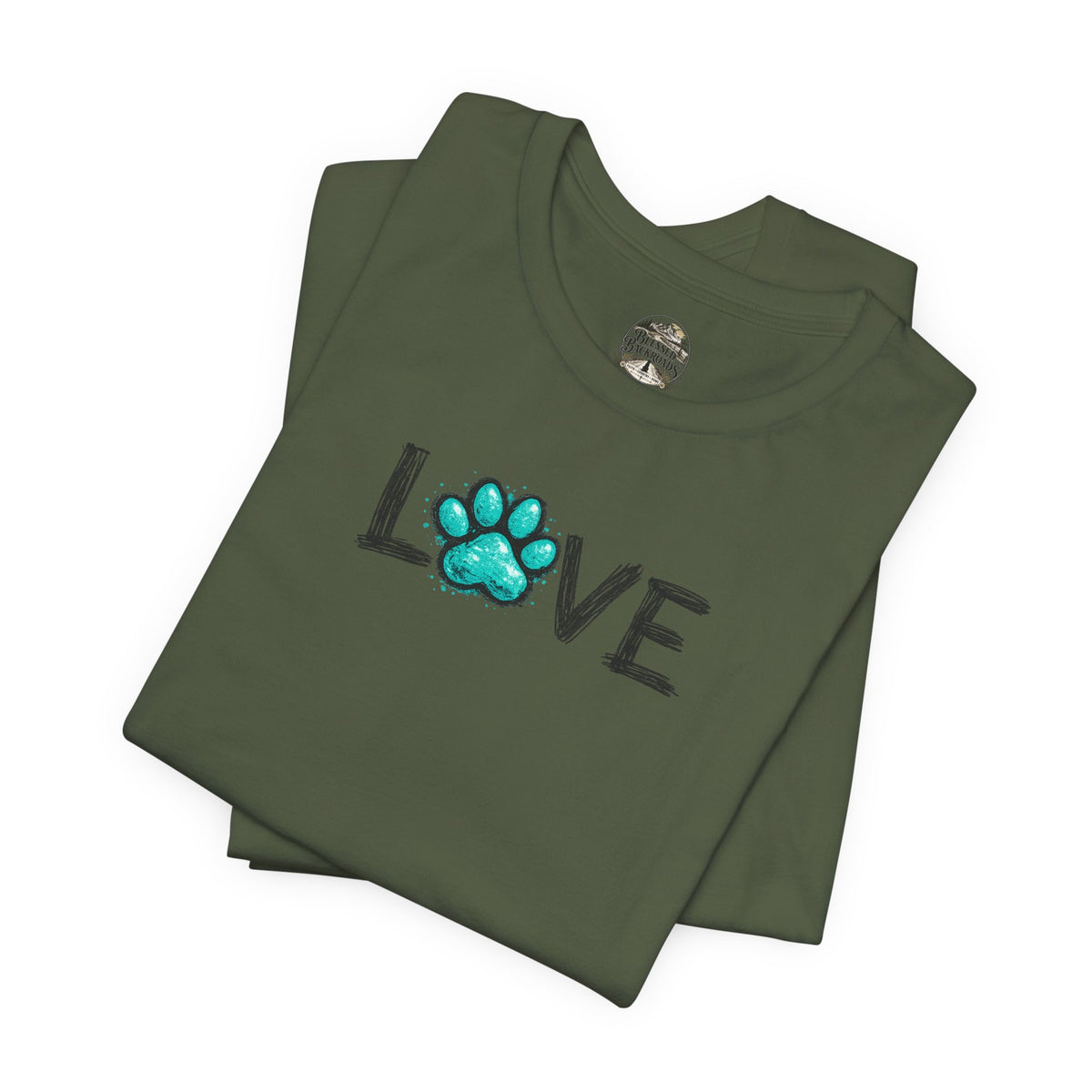Love Paw Print T-Shirt — Teal Paw "LOVE" Graphic Tee for Dog Lovers