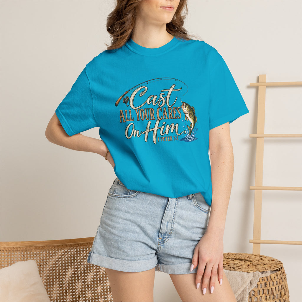 Fishing T-Shirt — “Cast All Your Cares On the Lord” Bass Graphic Tee