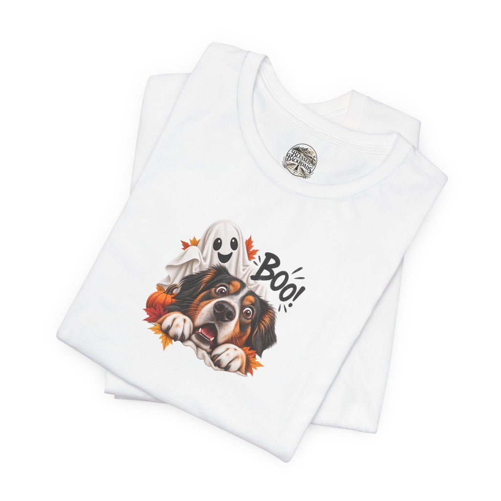 Halloween Dog Tee — "Boo!" Ghost Bernese Mountain Puppy T-Shirt