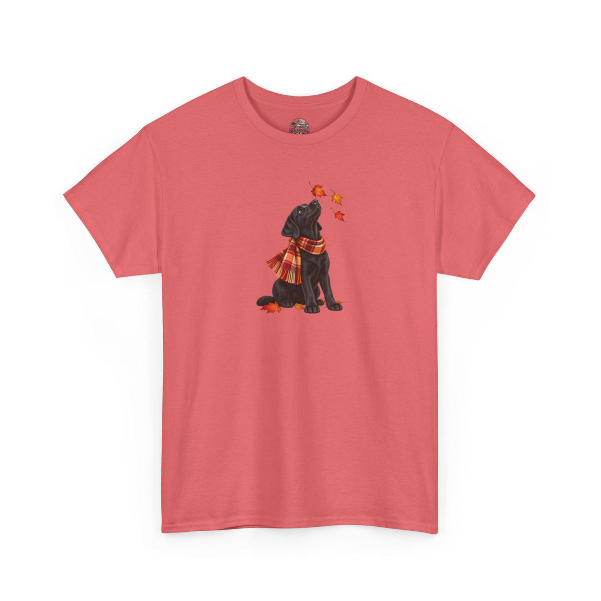 Autumn Black Lab Tee — Scarf-Wearing Labrador with Falling Leaves