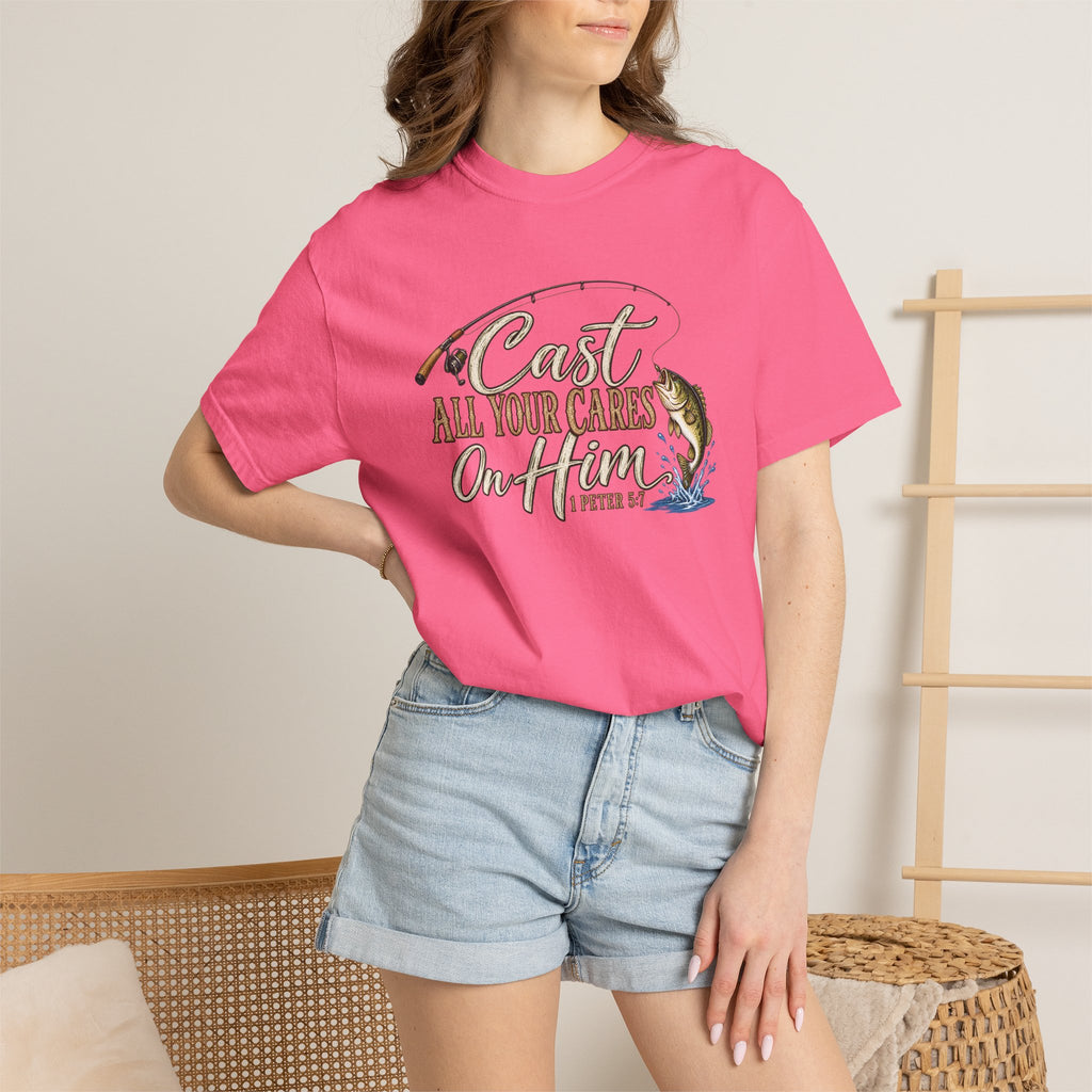 Fishing T-Shirt — “Cast All Your Cares On the Lord” Bass Graphic Tee