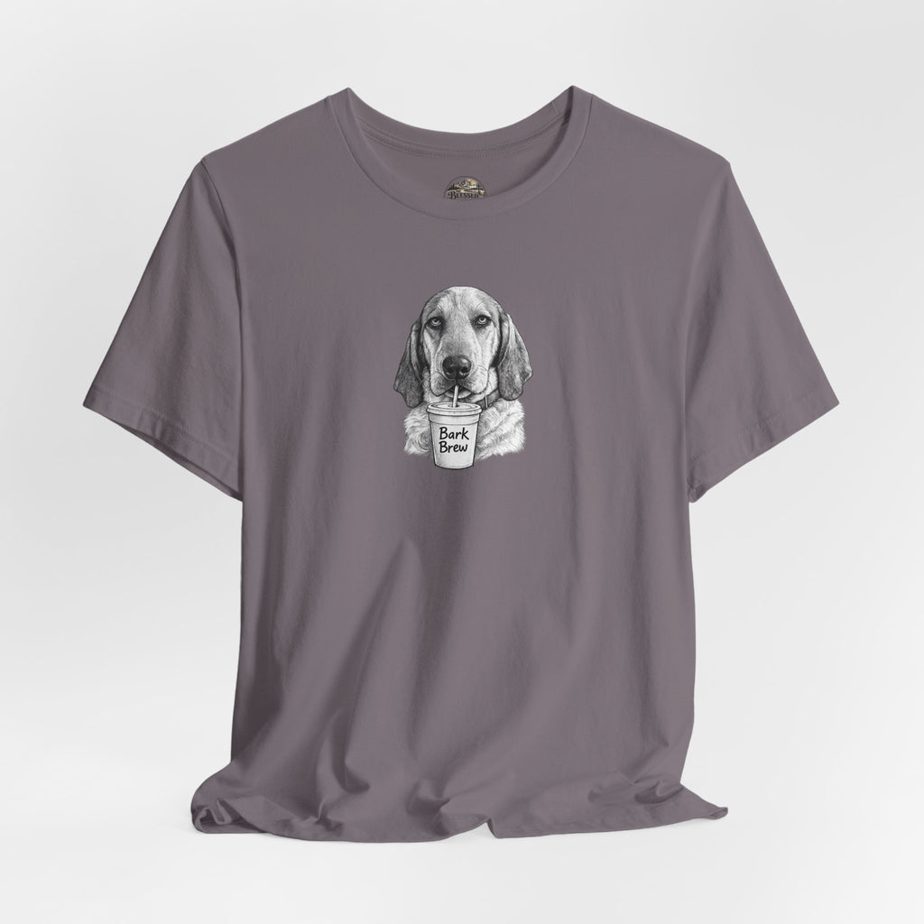 Dog Lover T‑Shirt —Hound Drinking 'Bark Brew' Graphic Tee