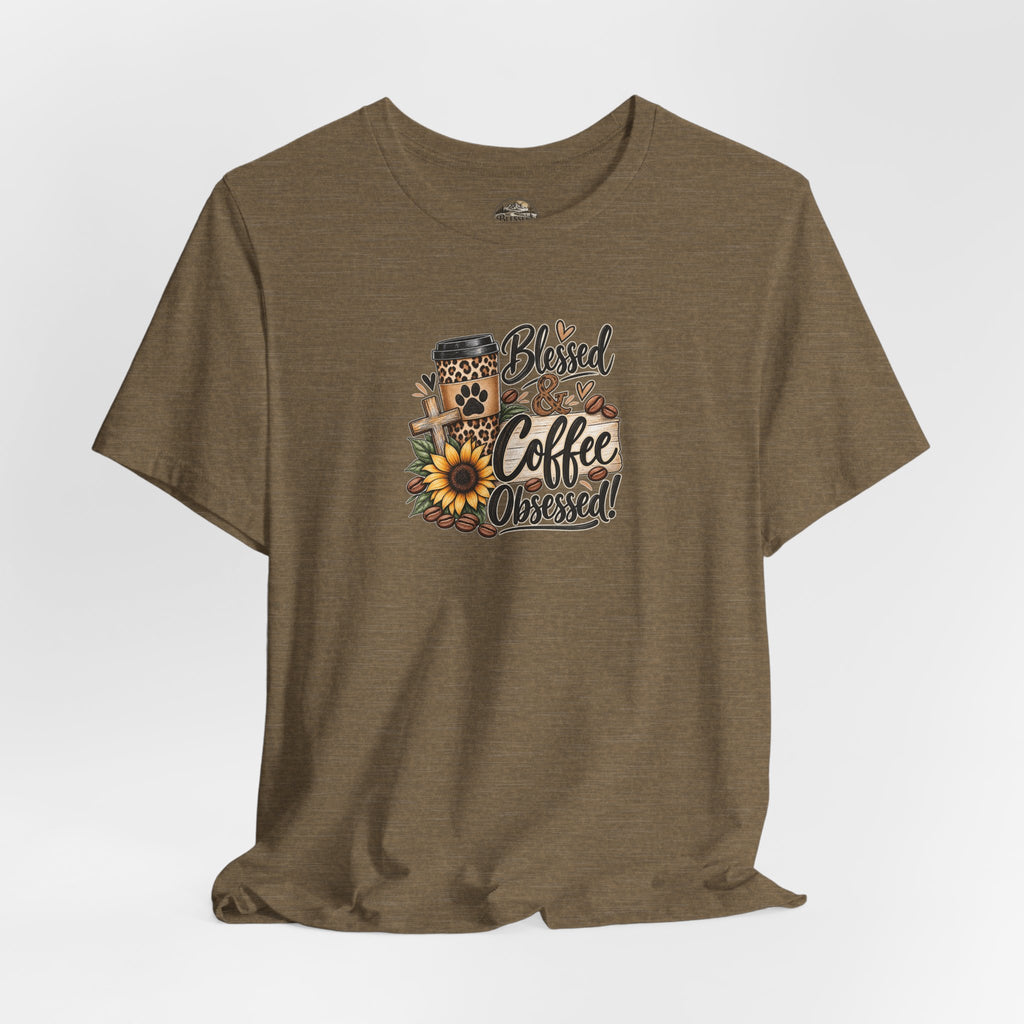 Blessed & Coffee Obsessed Tee — Sunflower Coffee Lover T-Shirt