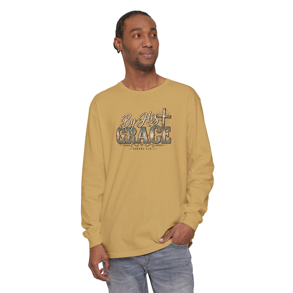 By His Grace Long Sleeve Shirt — Christian Faith Tee with Cross