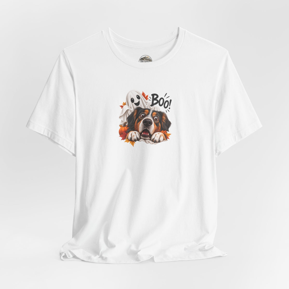 Halloween Dog Tee — "Boo!" Ghost Bernese Mountain Puppy T-Shirt