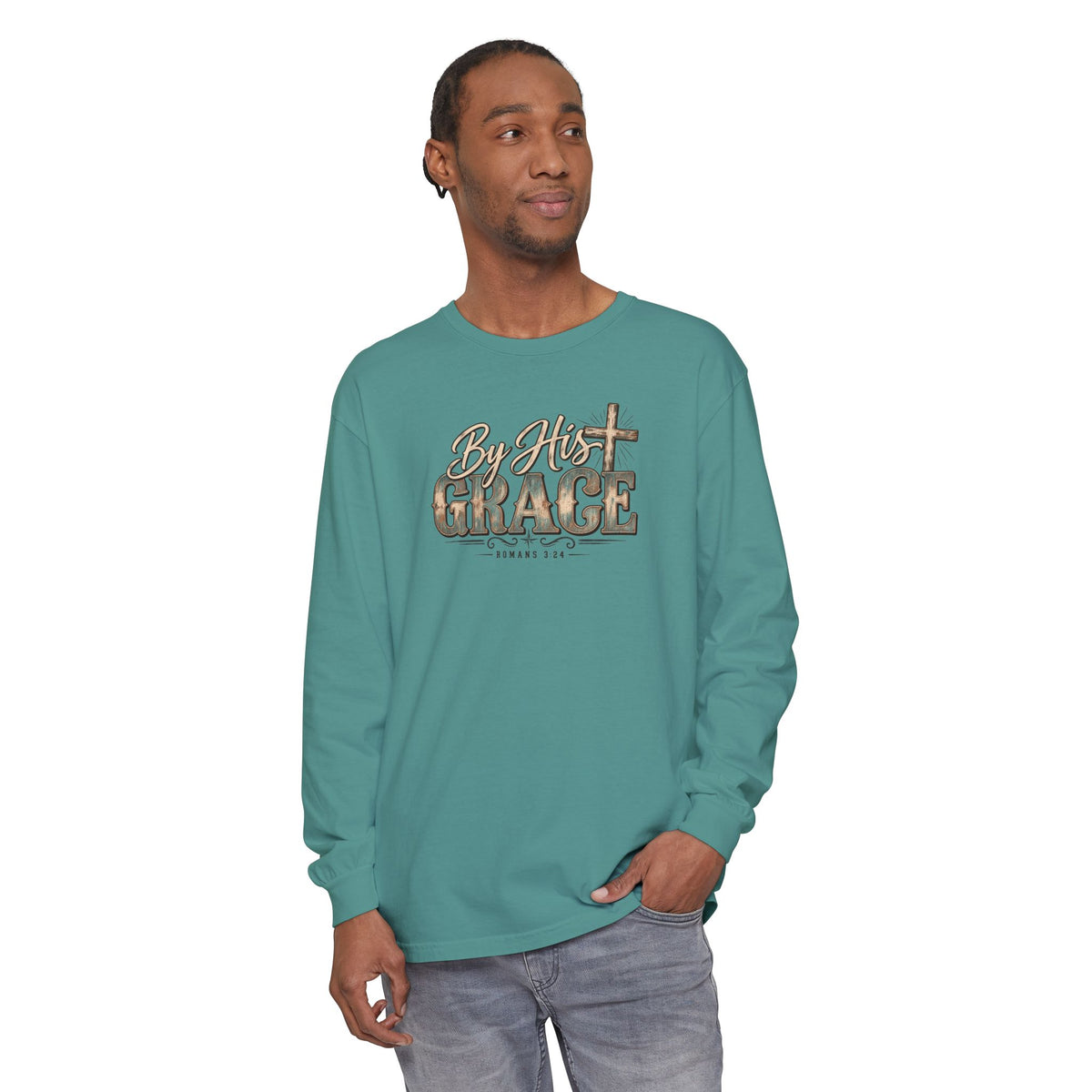 By His Grace Long Sleeve Shirt — Christian Faith Tee with Cross