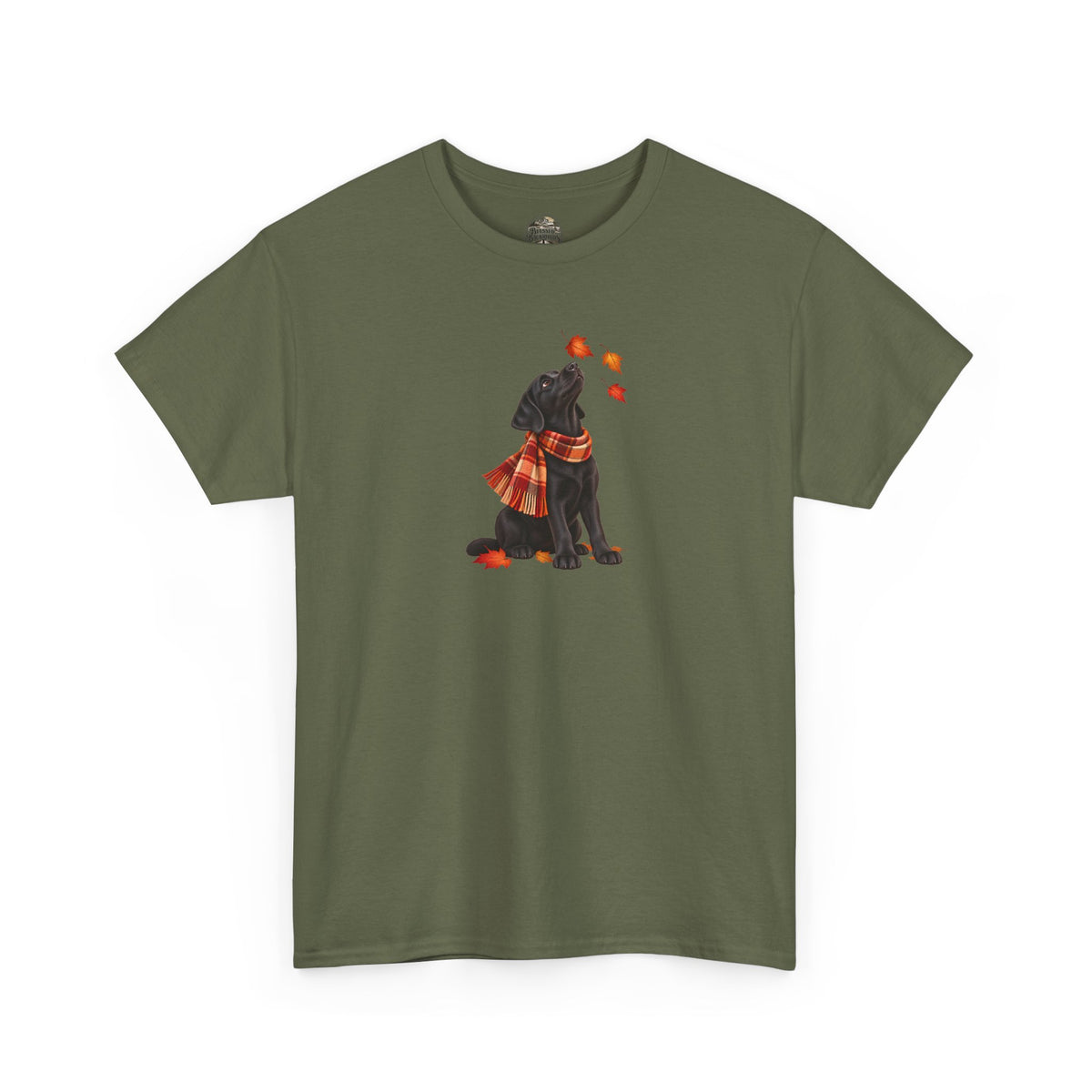 Autumn Black Lab Tee — Scarf-Wearing Labrador with Falling Leaves