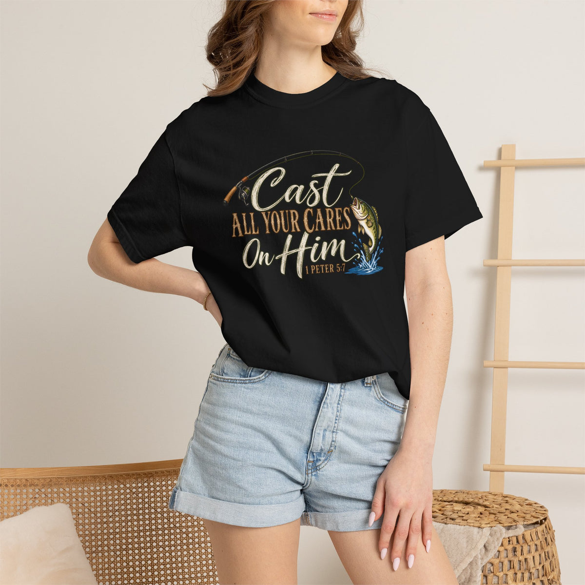 Fishing T-Shirt — “Cast All Your Cares On the Lord” Bass Graphic Tee