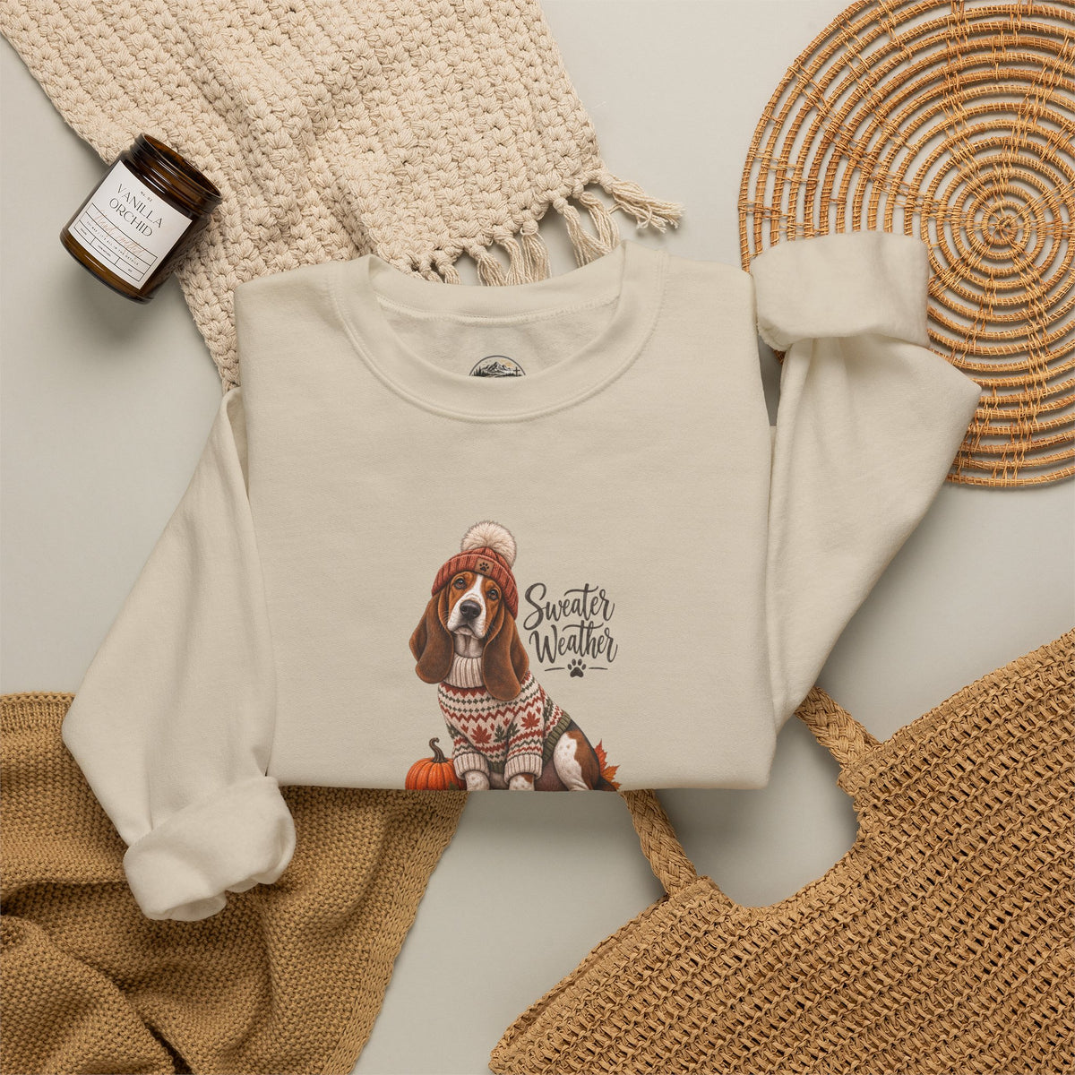 Basset Hound Fall Sweatshirt – 'Sweater Weather' Cozy Autumn Crewneck