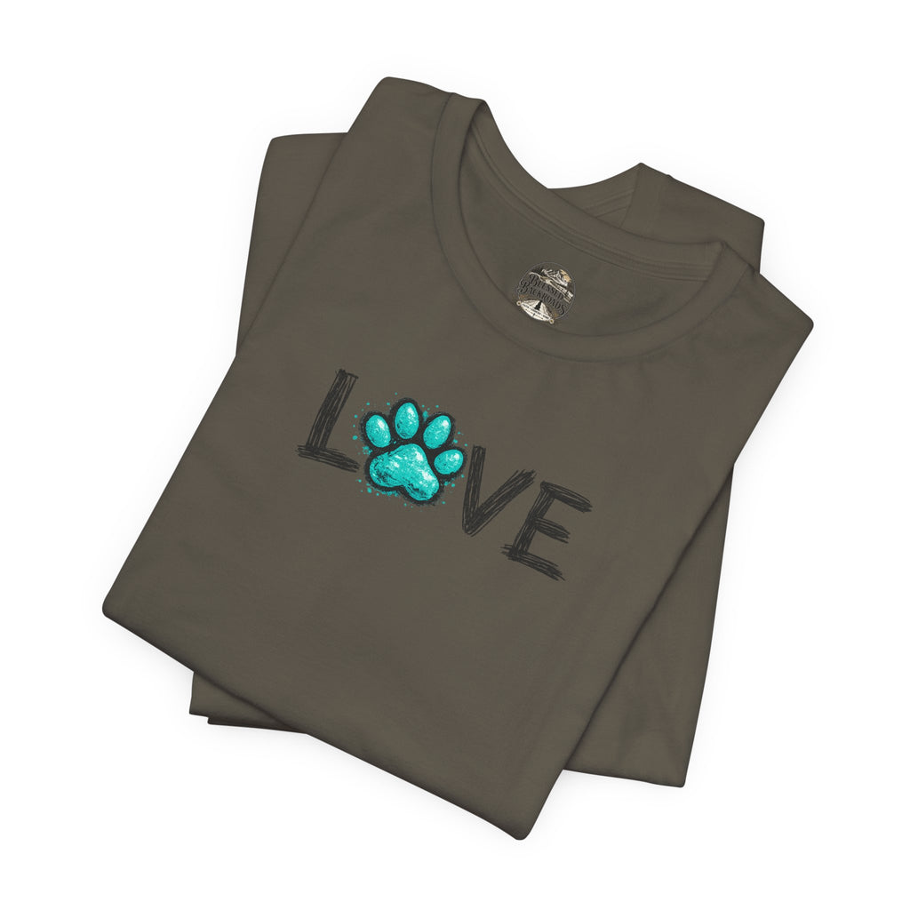 Love Paw Print T-Shirt — Teal Paw "LOVE" Graphic Tee for Dog Lovers