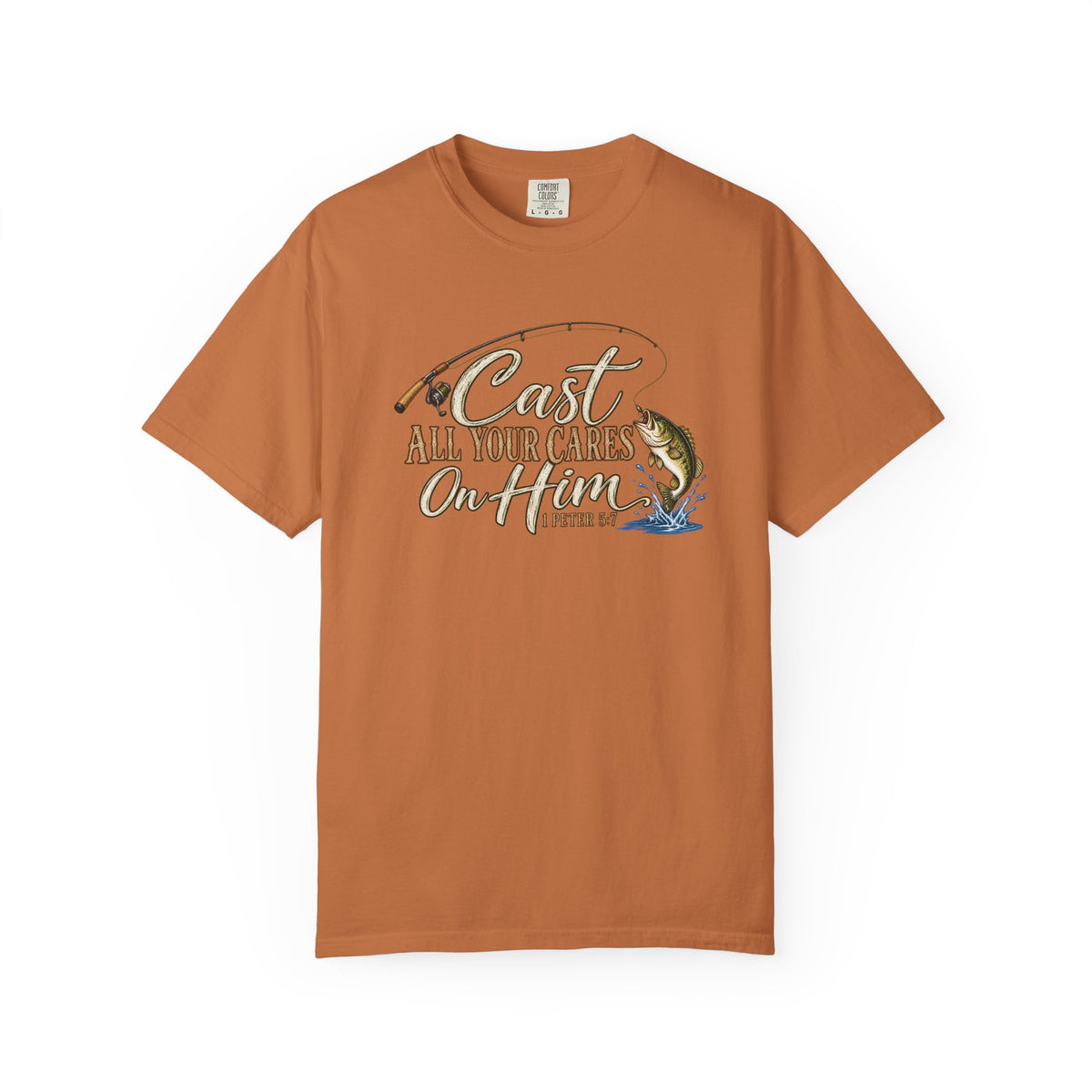 Fishing T-Shirt — “Cast All Your Cares On the Lord” Bass Graphic Tee