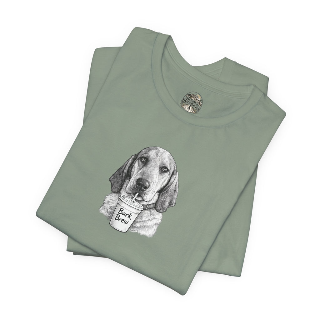 Dog Lover T‑Shirt —Hound Drinking 'Bark Brew' Graphic Tee