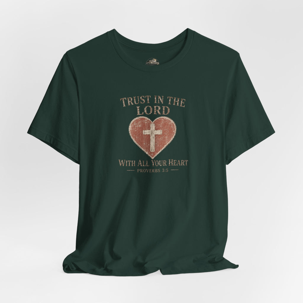 Trust in the Lord Tee — Heart & Cross Proverbs 3:5 Christian T‑Shirt