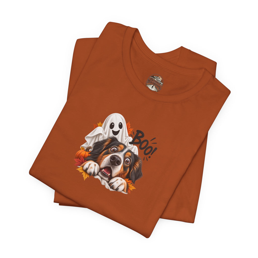 Halloween Dog Tee — "Boo!" Ghost Bernese Mountain Puppy T-Shirt