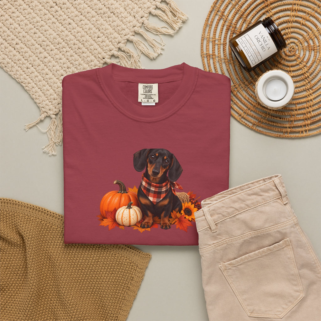 Dachshund Pumpkin Tee — Fall Dog Shirt with Pumpkins & Sunflower