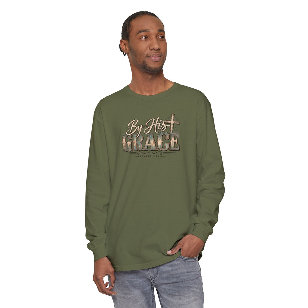 By His Grace Long Sleeve Shirt — Christian Faith Tee with Cross