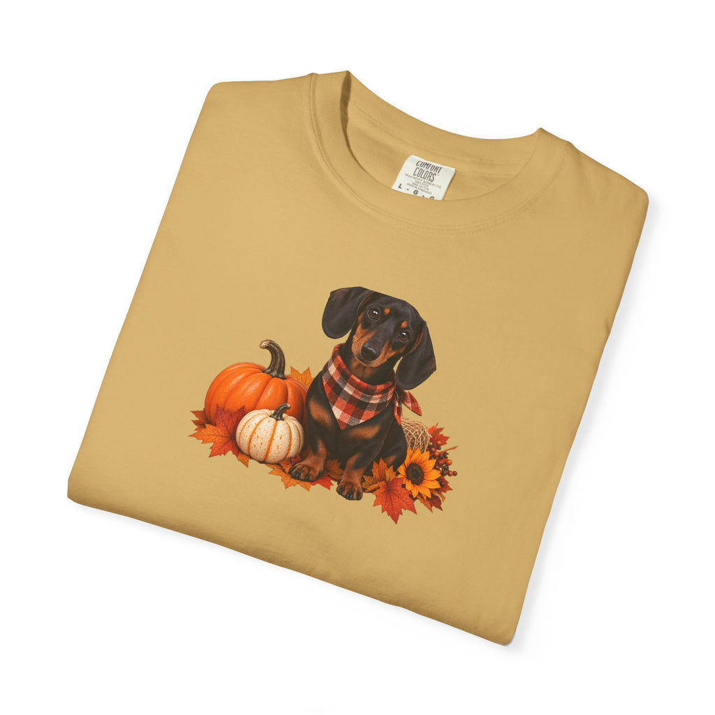 Dachshund Pumpkin Tee — Fall Dog Shirt with Pumpkins & Sunflower