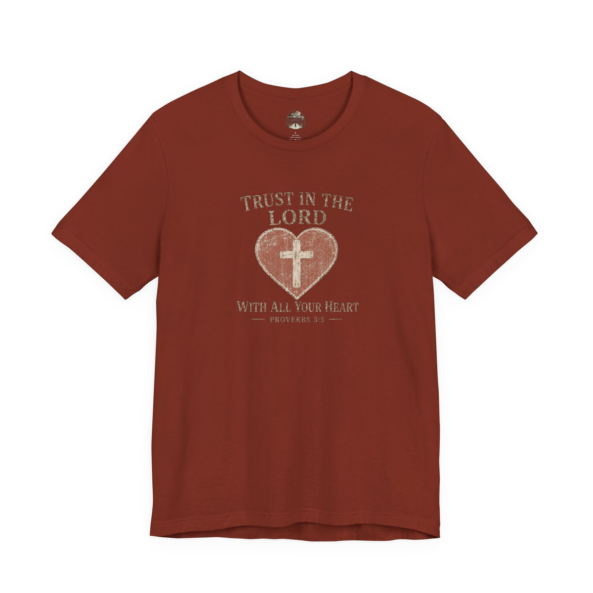 Trust in the Lord Tee — Heart & Cross Proverbs 3:5 Christian T‑Shirt