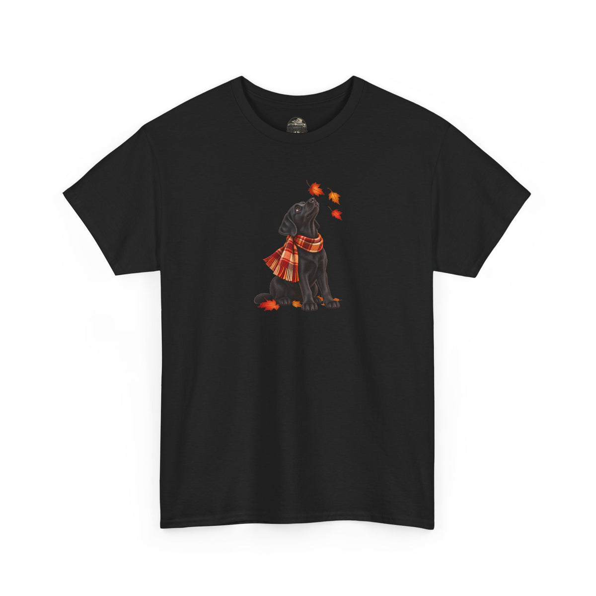 Autumn Black Lab Tee — Scarf-Wearing Labrador with Falling Leaves