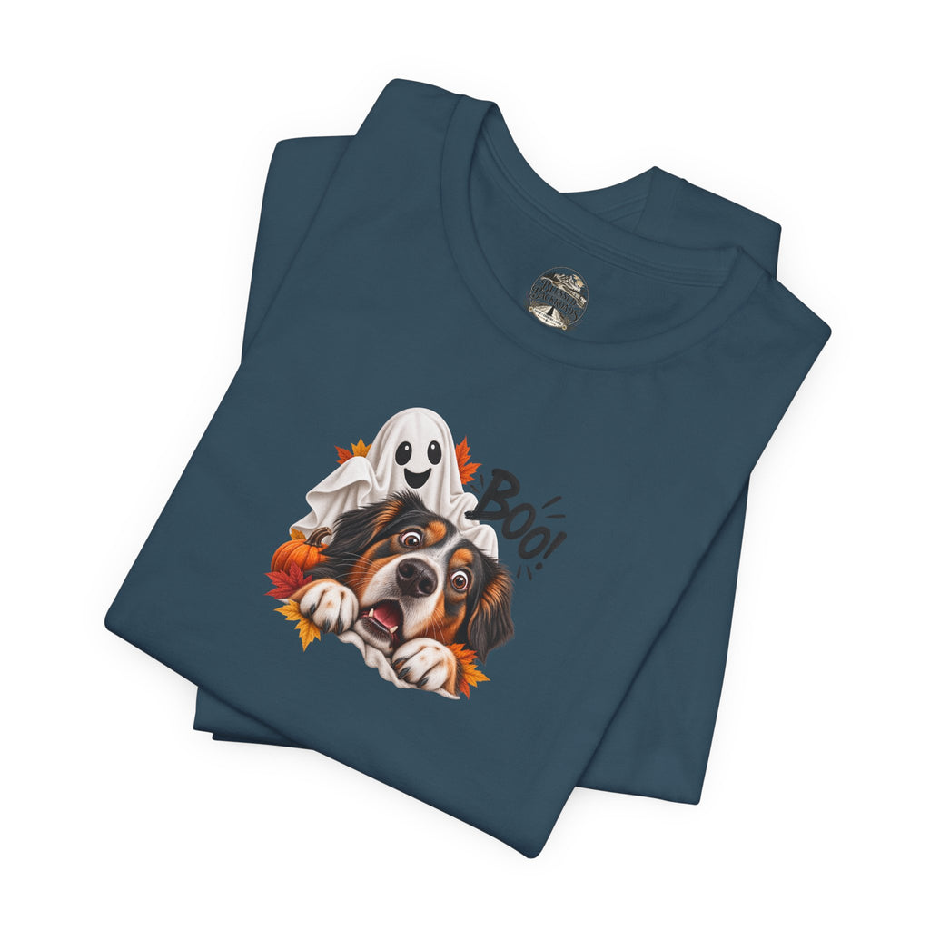 Halloween Dog Tee — "Boo!" Ghost Bernese Mountain Puppy T-Shirt